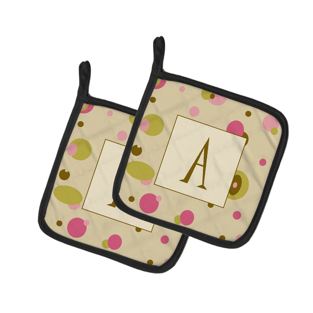 Letter A Monogram - Tan Dots Pot Holder Set of 2 Heat Resistant Quilted Hot Pads 7.5 x 7.5 Inch, Insulated Kitchen Trivets for Cooking & Baking