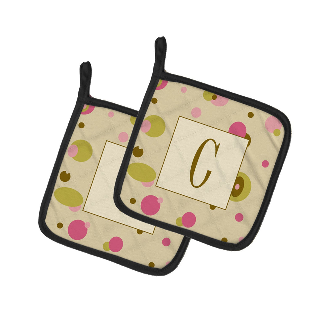 Letter C Initial Monogram - Tan Dots Pot Holder Set of 2 Heat Resistant Quilted Hot Pads 7.5 x 7.5 Inch, Insulated Kitchen Trivets for Cooking & Baking