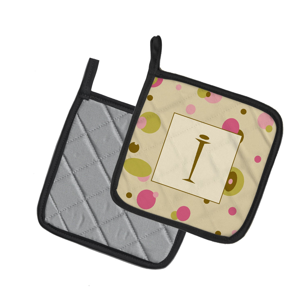 Letter I Initial Monogram - Tan Dots Pot Holder Set of 2 Heat Resistant Quilted Hot Pads 7.5 x 7.5 Inch, Insulated Kitchen Trivets for Cooking & Baking