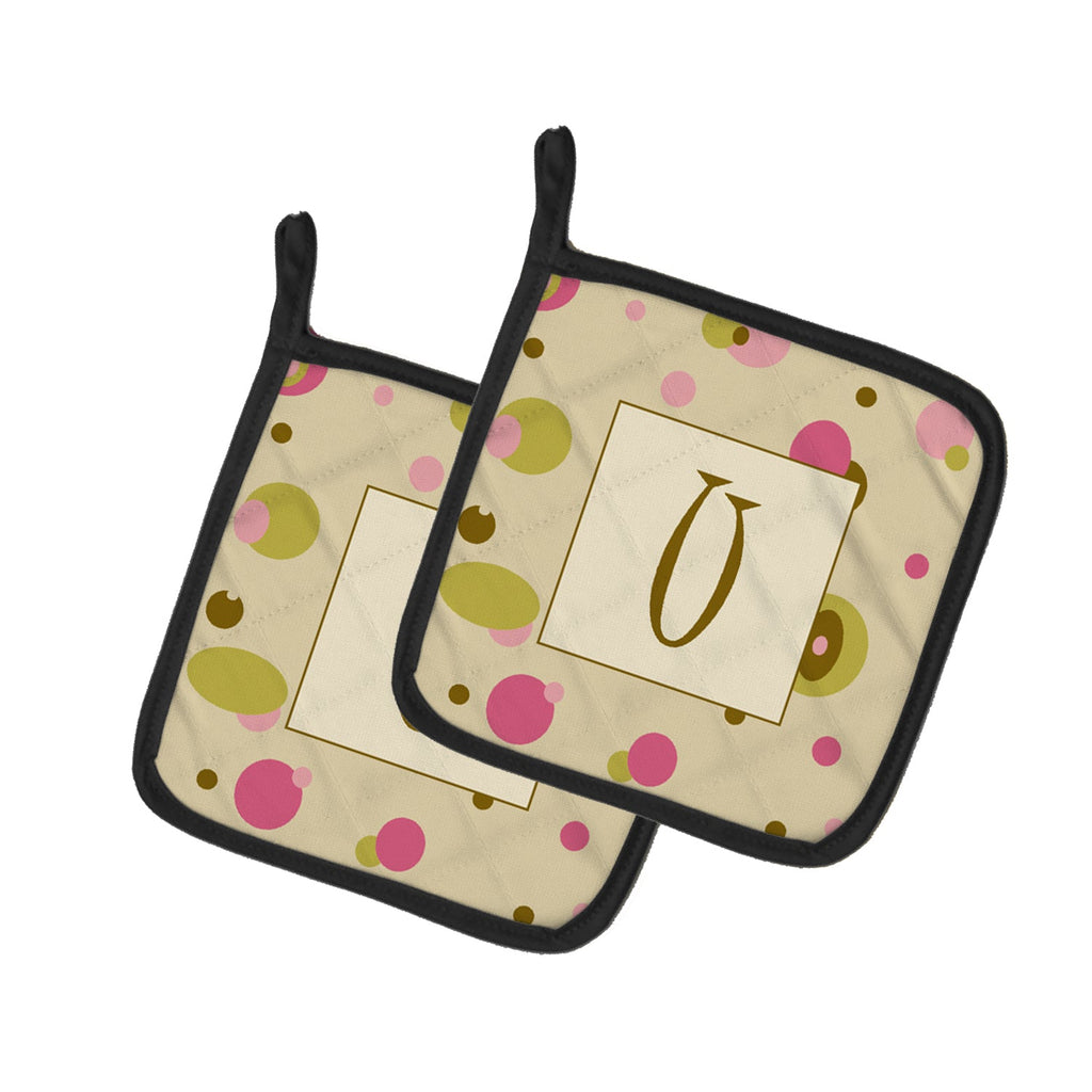Letter U Initial Monogram - Tan Dots Pot Holder Set of 2 Heat Resistant Quilted Hot Pads 7.5 x 7.5 Inch, Insulated Kitchen Trivets for Cooking & Baking