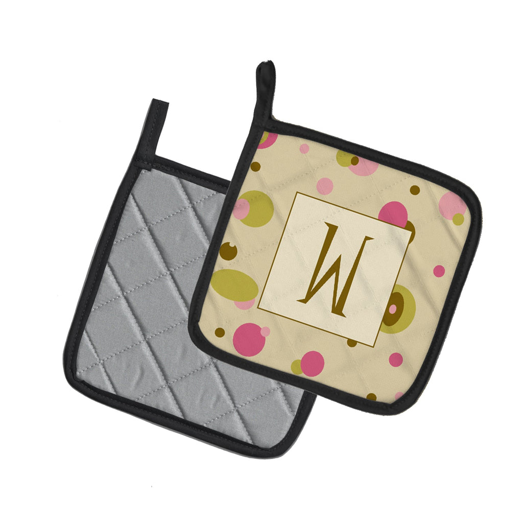 Letter W Initial Monogram - Tan Dots Pot Holder Set of 2 Heat Resistant Quilted Hot Pads 7.5 x 7.5 Inch, Insulated Kitchen Trivets for Cooking & Baking