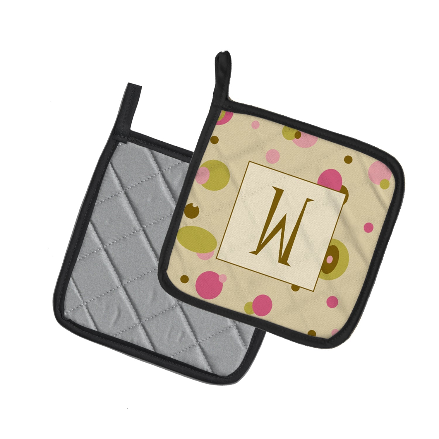 Letter W Initial Monogram - Tan Dots Pot Holder Set of 2 Heat Resistant Quilted Hot Pads 7.5 x 7.5 Inch, Insulated Kitchen Trivets for Cooking & Baking