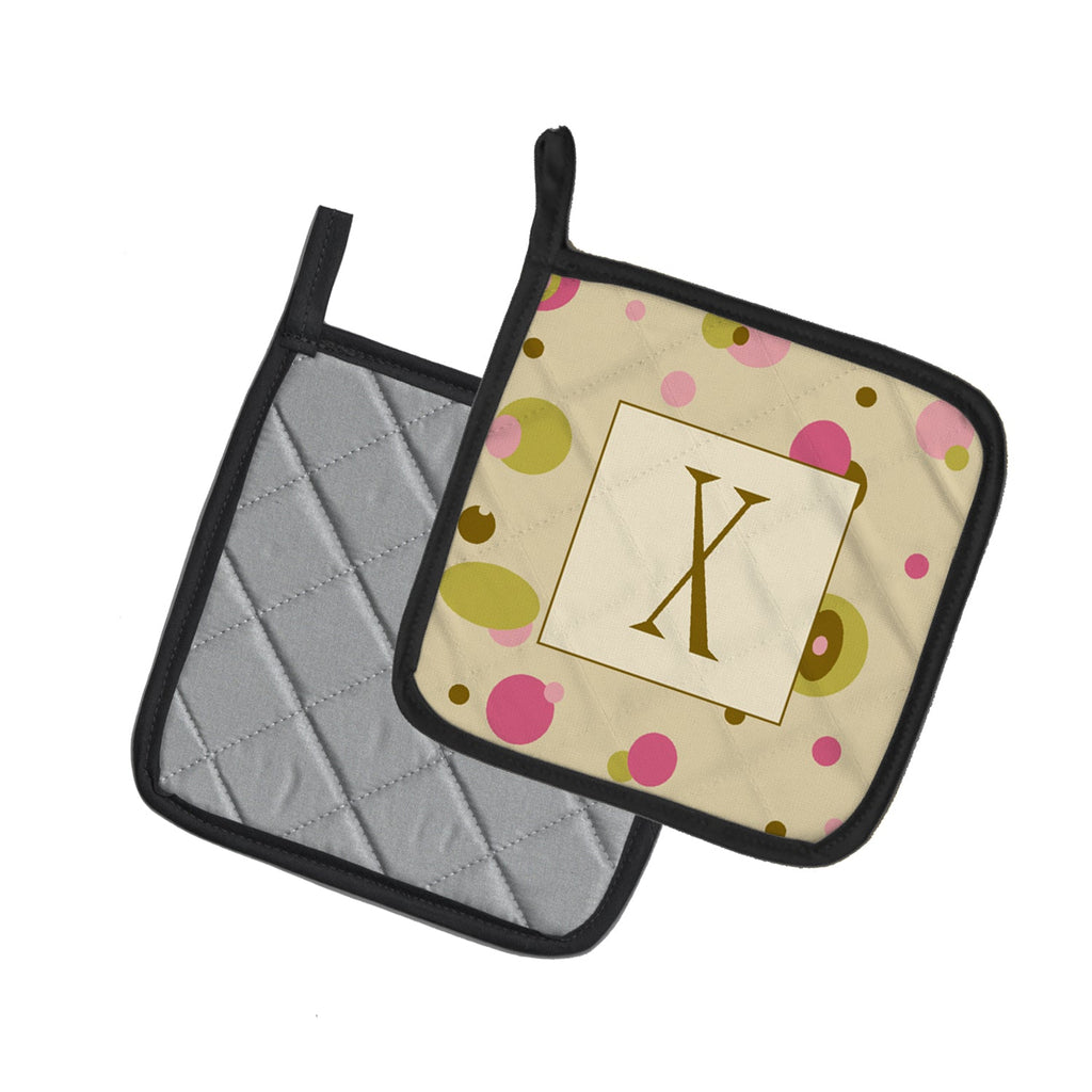Letter X Initial Monogram - Tan Dots Pot Holder Set of 2 Heat Resistant Quilted Hot Pads 7.5 x 7.5 Inch, Insulated Kitchen Trivets for Cooking & Baking