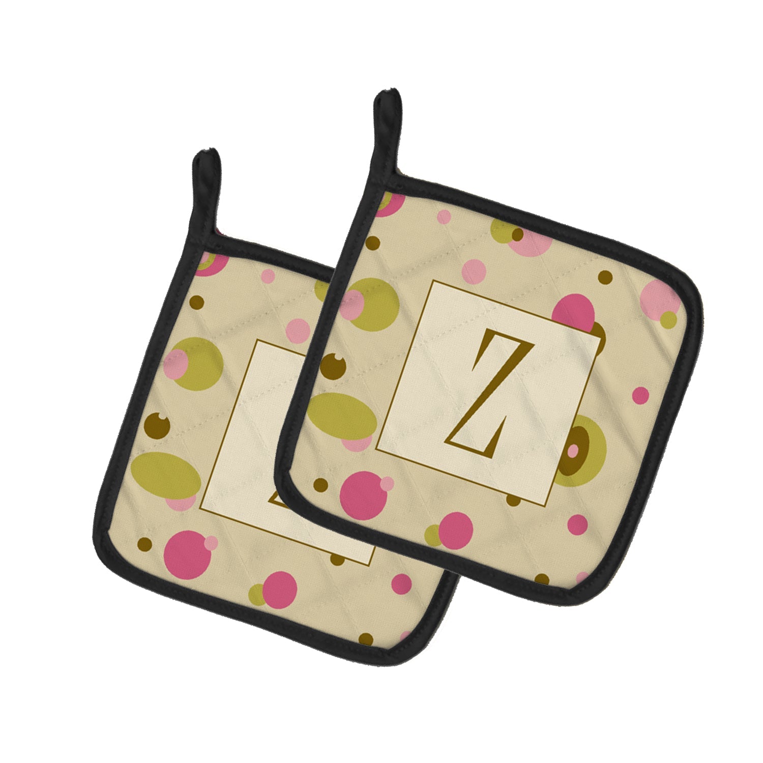 Letter Z Initial Monogram - Tan Dots Pot Holder Set of 2 Heat Resistant Quilted Hot Pads 7.5 x 7.5 Inch, Insulated Kitchen Trivets for Cooking & Baking