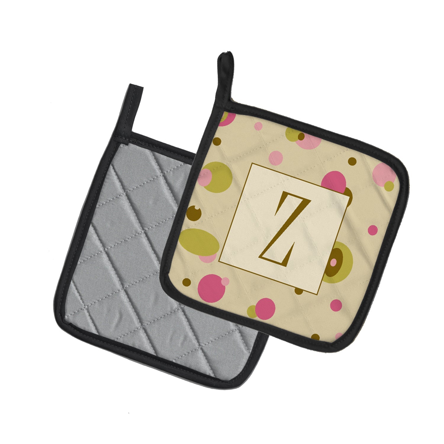Letter Z Initial Monogram - Tan Dots Pot Holder Set of 2 Heat Resistant Quilted Hot Pads 7.5 x 7.5 Inch, Insulated Kitchen Trivets for Cooking & Baking