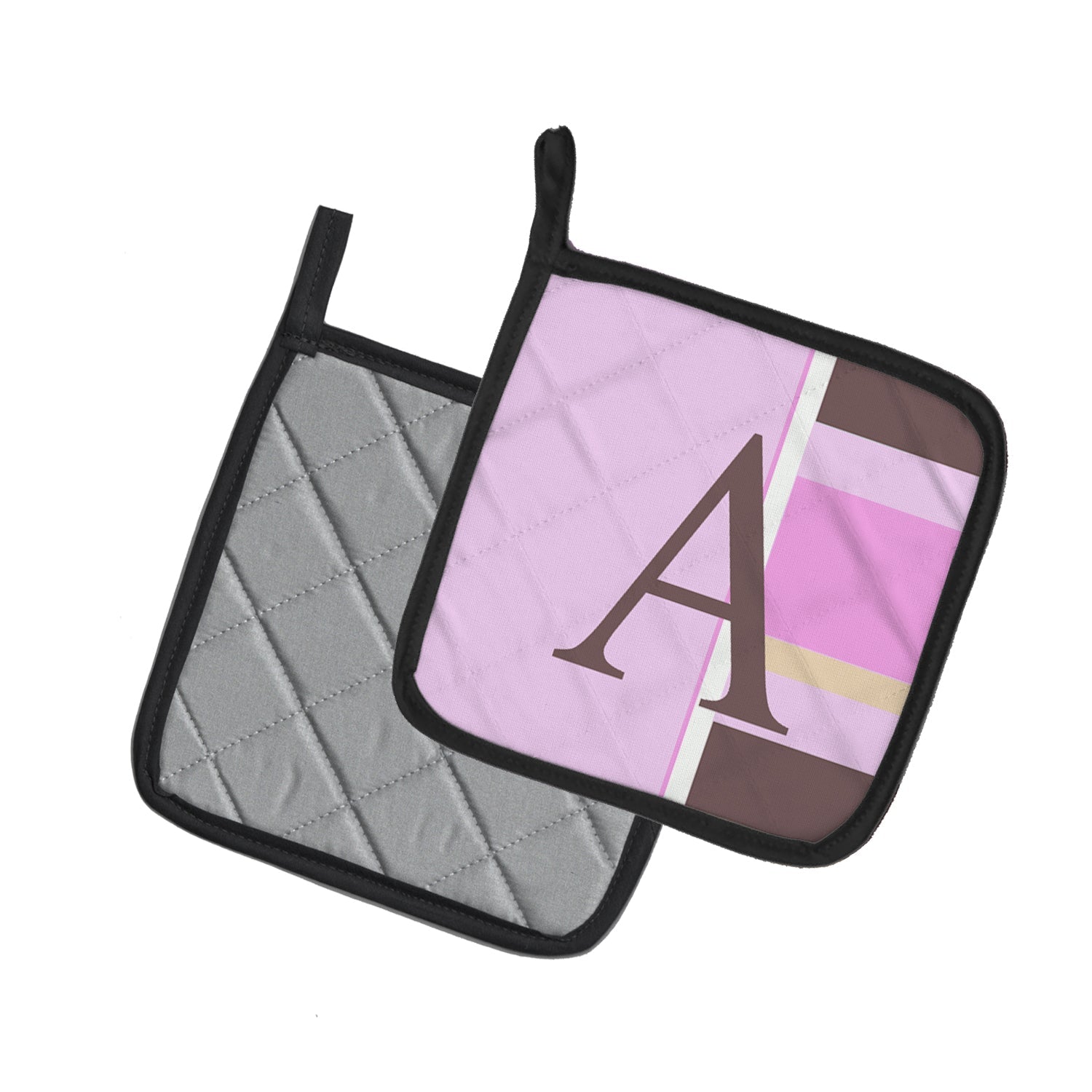 Letter A Monogram - Pink Stripes Pot Holder Set of 2 Heat Resistant Quilted Hot Pads 7.5 x 7.5 Inch, Insulated Kitchen Trivets for Cooking & Baking