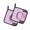 Letter C Initial Monogram - Pink Stripes Pot Holder Set of 2 Heat Resistant Quilted Hot Pads 7.5 x 7.5 Inch, Insulated Kitchen Trivets for Cooking & Baking