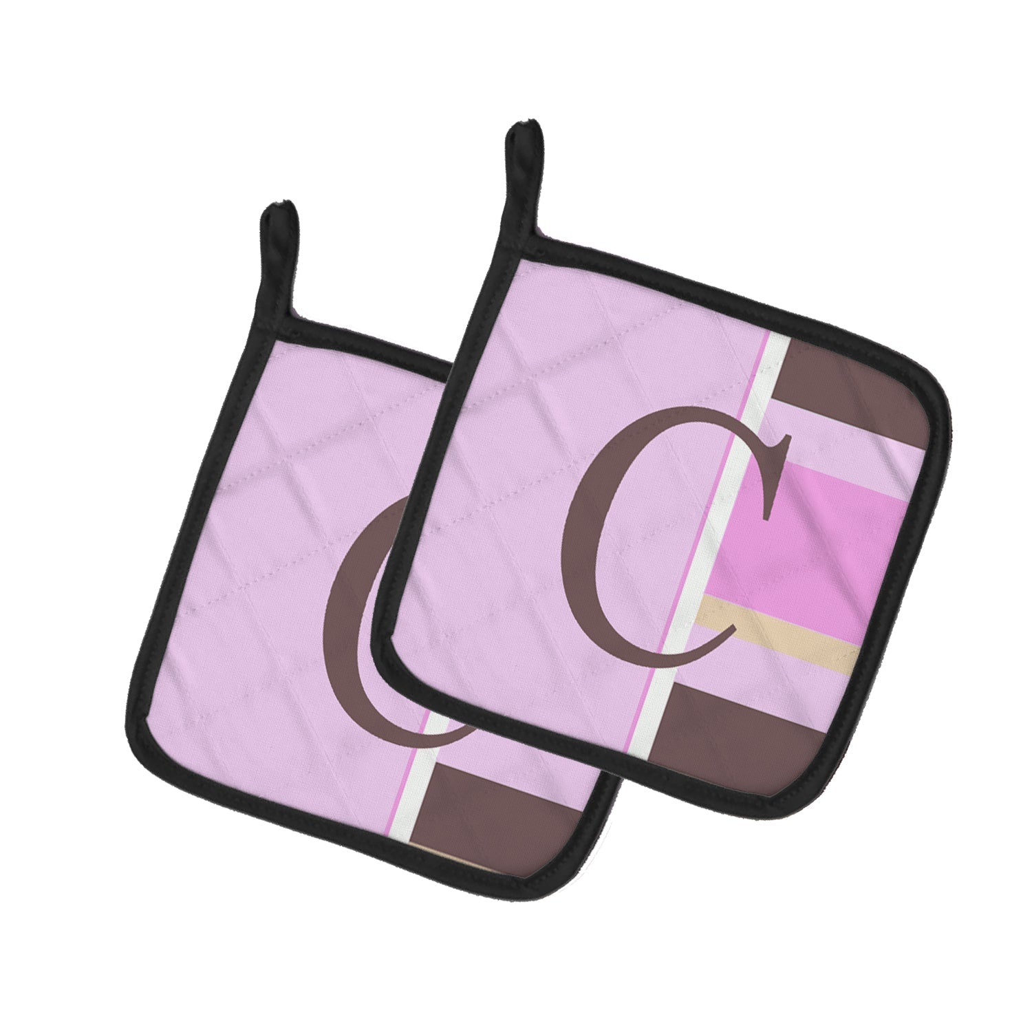 Letter C Initial Monogram - Pink Stripes Pot Holder Set of 2 Heat Resistant Quilted Hot Pads 7.5 x 7.5 Inch, Insulated Kitchen Trivets for Cooking & Baking