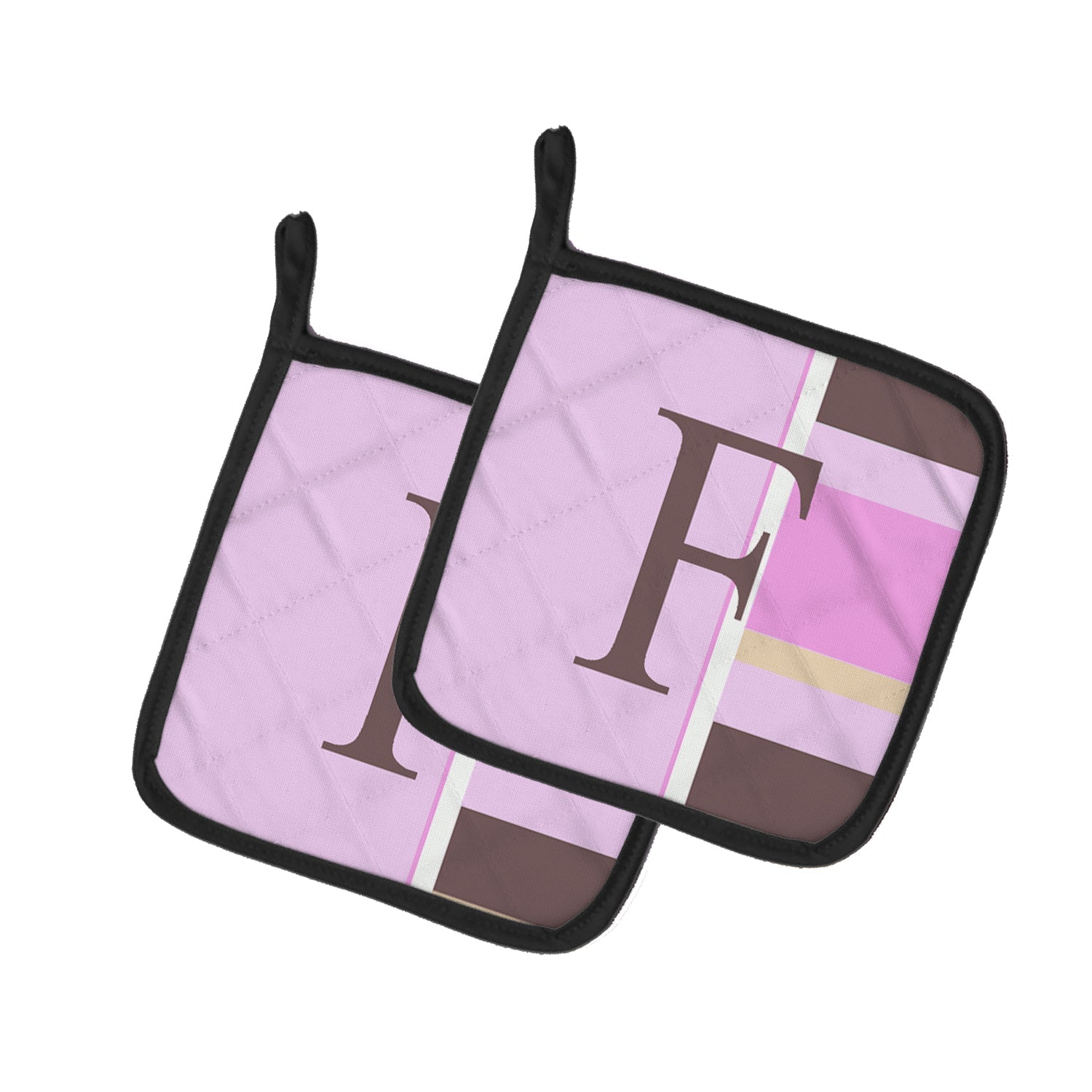 Letter F Initial Monogram - Pink Stripes Pot Holder Set of 2 Heat Resistant Quilted Hot Pads 7.5 x 7.5 Inch, Insulated Kitchen Trivets for Cooking & Baking