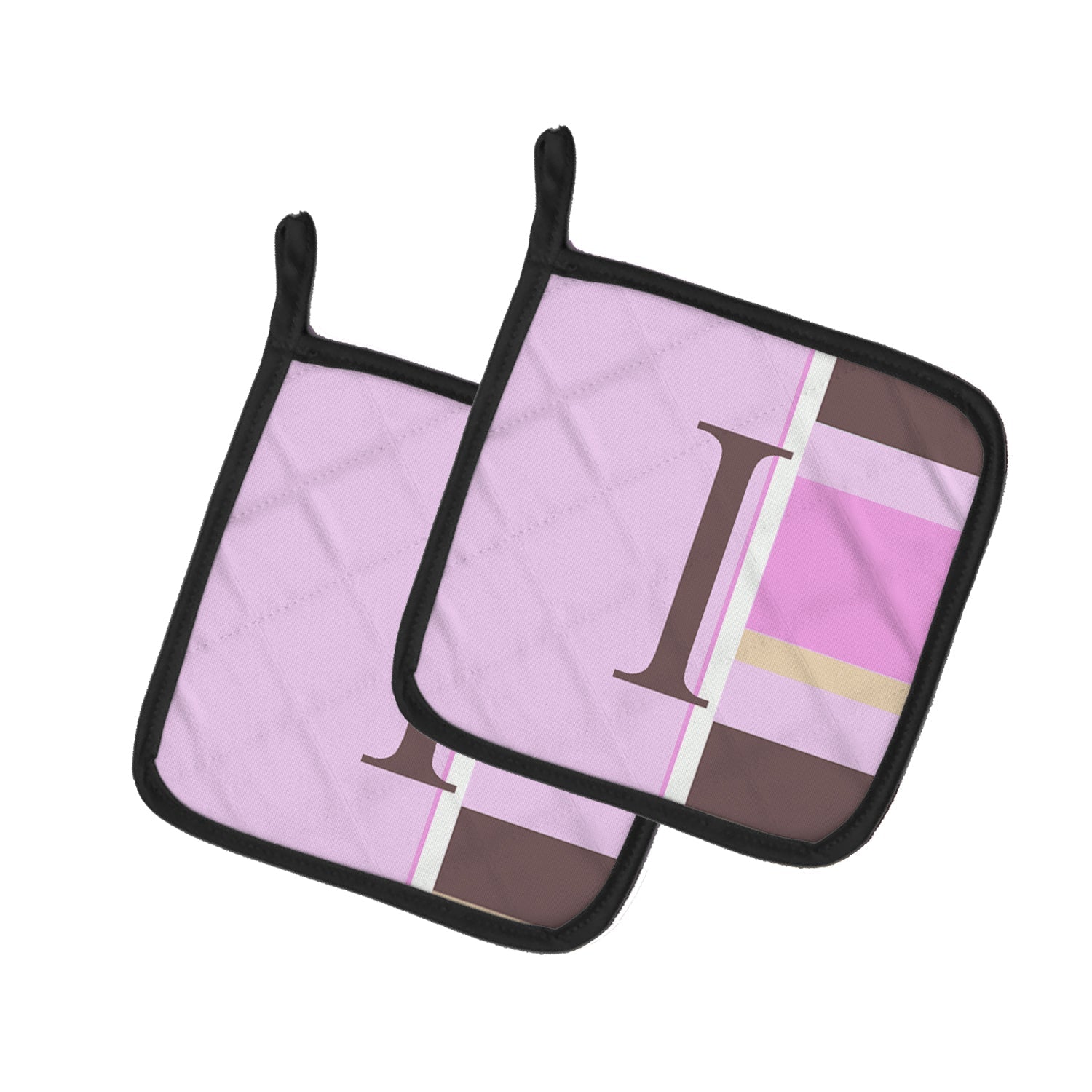 Letter I Initial Monogram - Pink Stripes Pot Holder Set of 2 Heat Resistant Quilted Hot Pads 7.5 x 7.5 Inch, Insulated Kitchen Trivets for Cooking & Baking