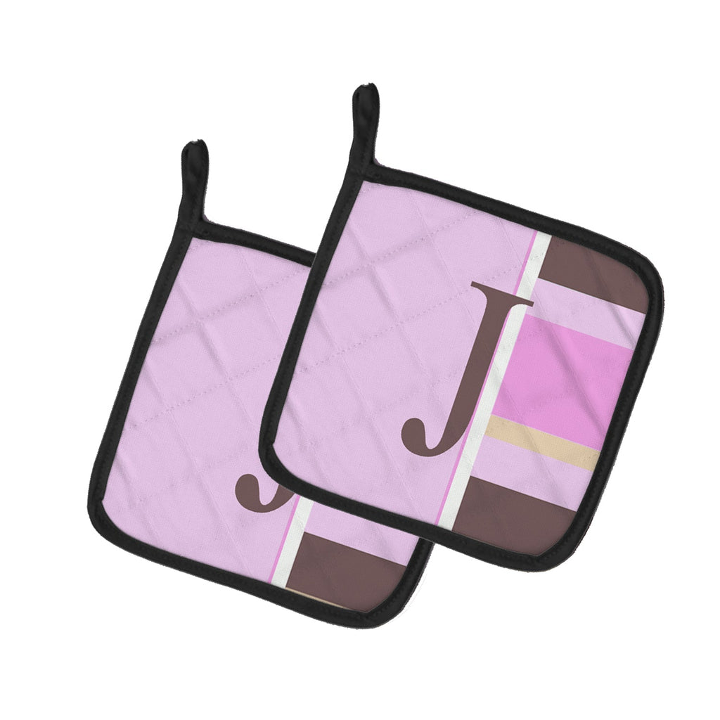 Letter J Initial Monogram - Pink Stripes Pot Holder Set of 2 Heat Resistant Quilted Hot Pads 7.5 x 7.5 Inch, Insulated Kitchen Trivets for Cooking & Baking