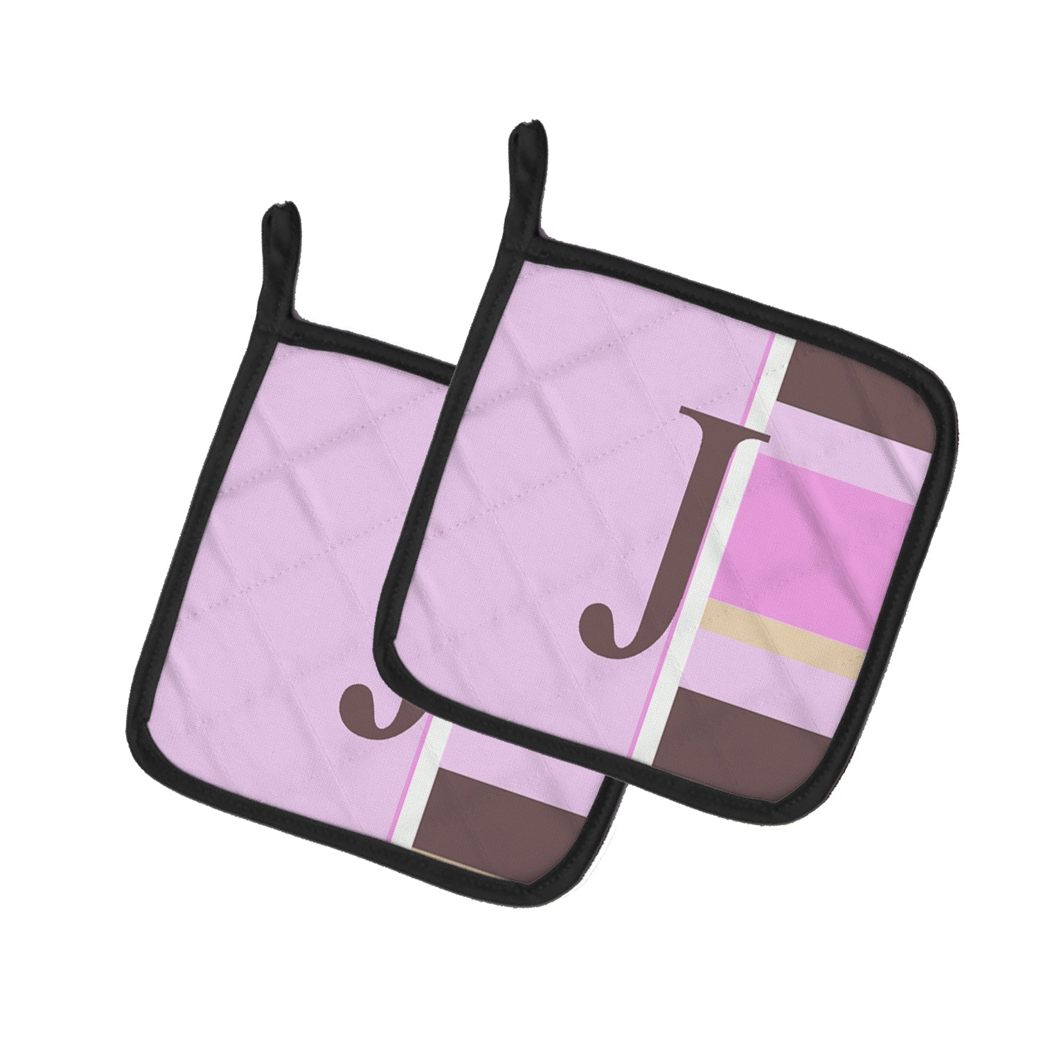 Letter J Initial Monogram - Pink Stripes Pot Holder Set of 2 Heat Resistant Quilted Hot Pads 7.5 x 7.5 Inch, Insulated Kitchen Trivets for Cooking & Baking