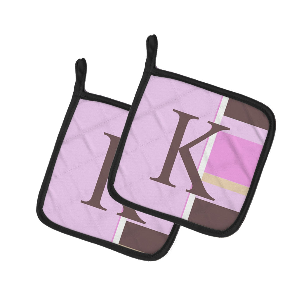 Letter K Initial Monogram - Pink Stripes Pot Holder Set of 2 Heat Resistant Quilted Hot Pads 7.5 x 7.5 Inch, Insulated Kitchen Trivets for Cooking & Baking