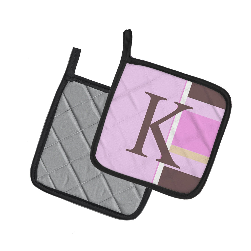 Letter K Initial Monogram - Pink Stripes Pot Holder Set of 2 Heat Resistant Quilted Hot Pads 7.5 x 7.5 Inch, Insulated Kitchen Trivets for Cooking & Baking