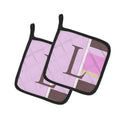 Letter L Initial Monogram - Pink Stripes Pot Holder Set of 2 Heat Resistant Quilted Hot Pads 7.5 x 7.5 Inch, Insulated Kitchen Trivets for Cooking & Baking