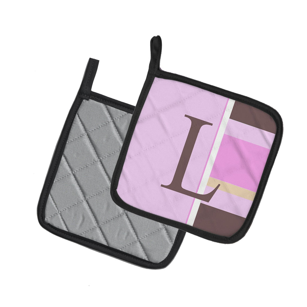 Letter L Initial Monogram - Pink Stripes Pot Holder Set of 2 Heat Resistant Quilted Hot Pads 7.5 x 7.5 Inch, Insulated Kitchen Trivets for Cooking & Baking