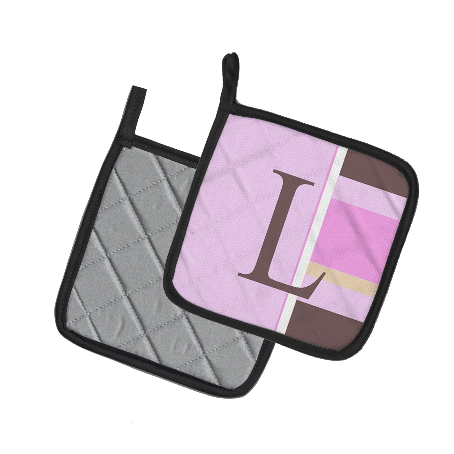 Letter L Initial Monogram - Pink Stripes Pot Holder Set of 2 Heat Resistant Quilted Hot Pads 7.5 x 7.5 Inch, Insulated Kitchen Trivets for Cooking & Baking