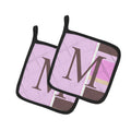 Letter M Initial Monogram - Pink Stripes Pot Holder Set of 2 Heat Resistant Quilted Hot Pads 7.5 x 7.5 Inch, Insulated Kitchen Trivets for Cooking & Baking