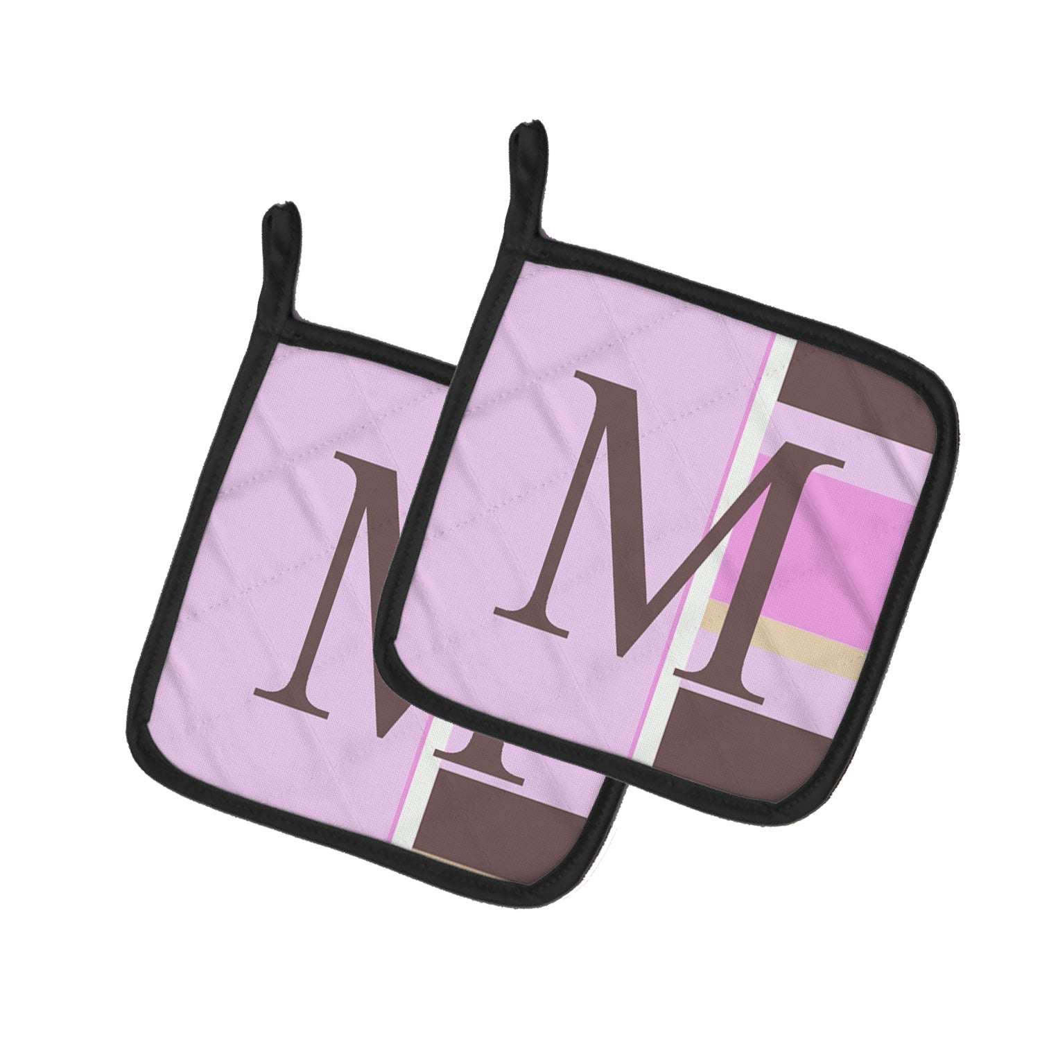 Letter M Initial Monogram - Pink Stripes Pot Holder Set of 2 Heat Resistant Quilted Hot Pads 7.5 x 7.5 Inch, Insulated Kitchen Trivets for Cooking & Baking