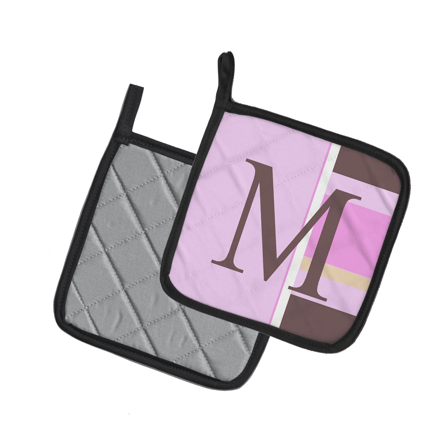 Letter M Initial Monogram - Pink Stripes Pot Holder Set of 2 Heat Resistant Quilted Hot Pads 7.5 x 7.5 Inch, Insulated Kitchen Trivets for Cooking & Baking