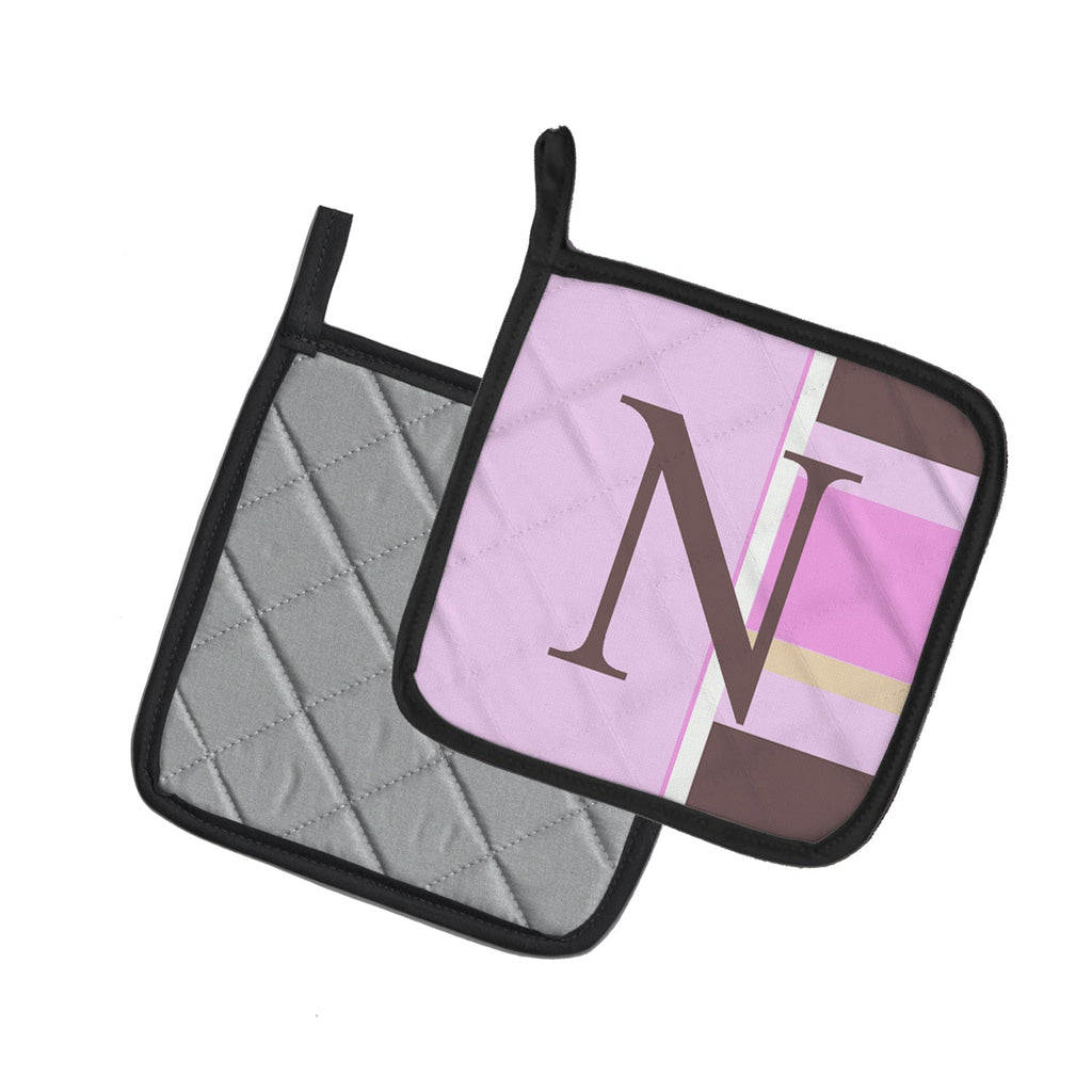 Letter N Initial Monogram - Pink Stripes Pot Holder Set of 2 Heat Resistant Quilted Hot Pads 7.5 x 7.5 Inch, Insulated Kitchen Trivets for Cooking & Baking