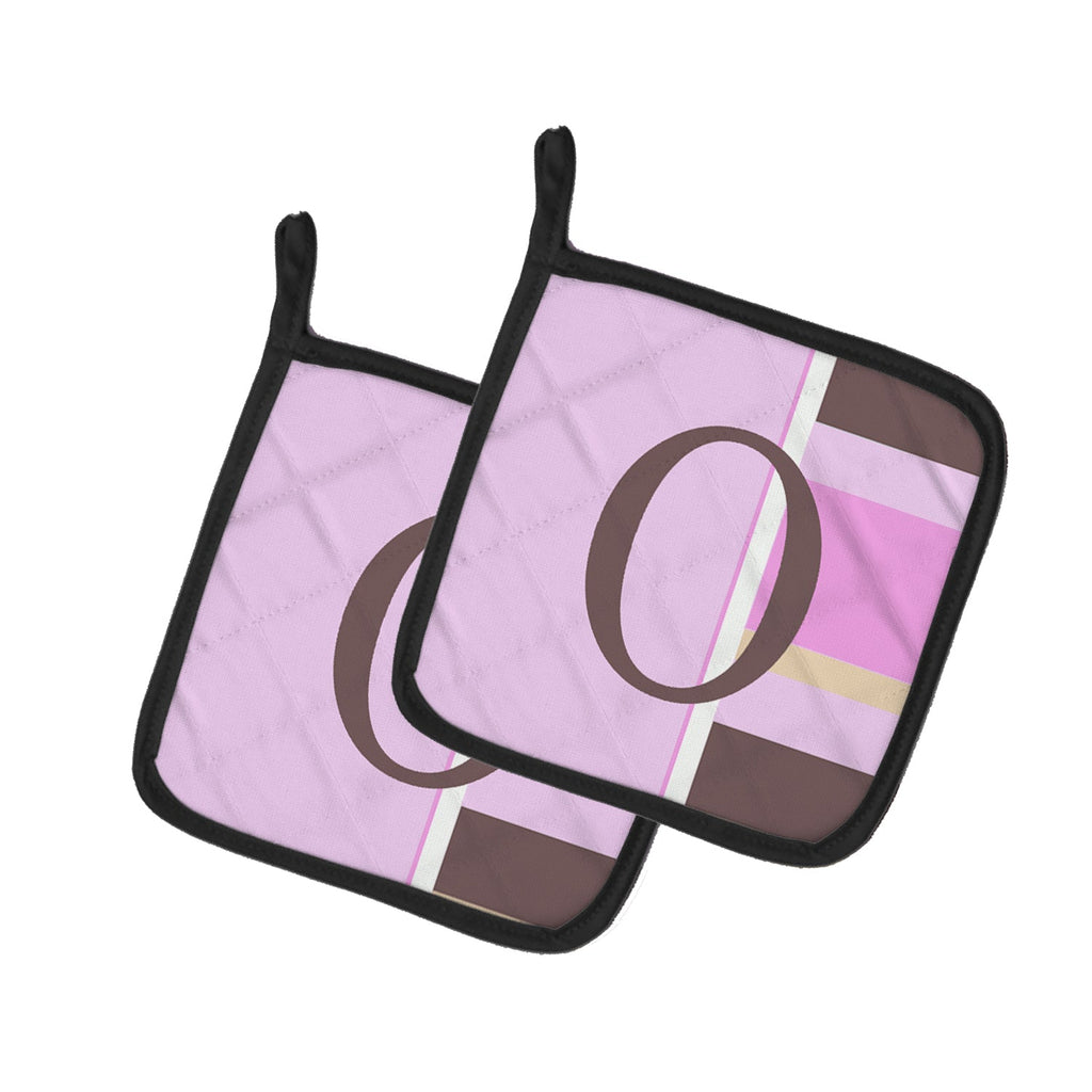 Letter O Initial Monogram - Pink Stripes Pot Holder Set of 2 Heat Resistant Quilted Hot Pads 7.5 x 7.5 Inch, Insulated Kitchen Trivets for Cooking & Baking