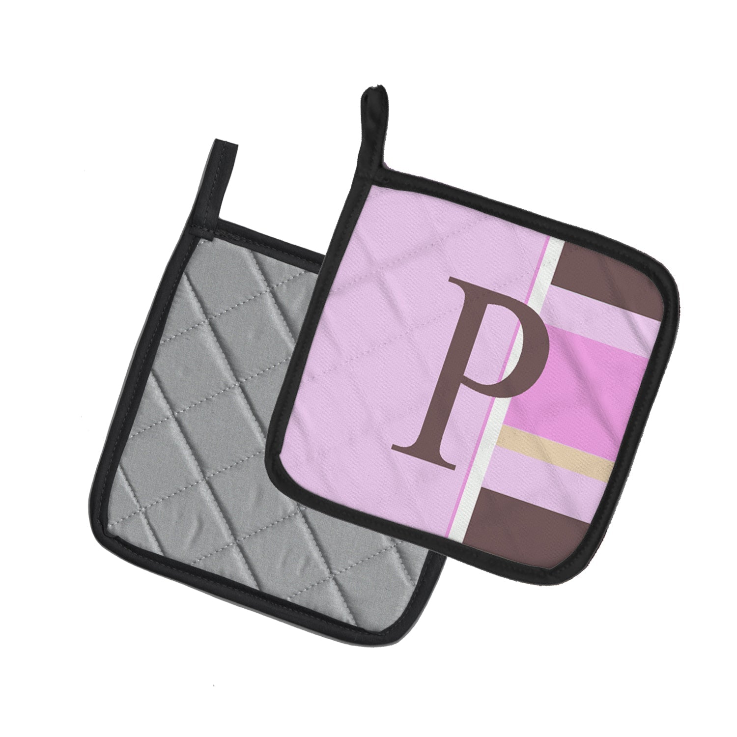 Letter P Initial Monogram - Pink Stripes Pot Holder Set of 2 Heat Resistant Quilted Hot Pads 7.5 x 7.5 Inch, Insulated Kitchen Trivets for Cooking & Baking