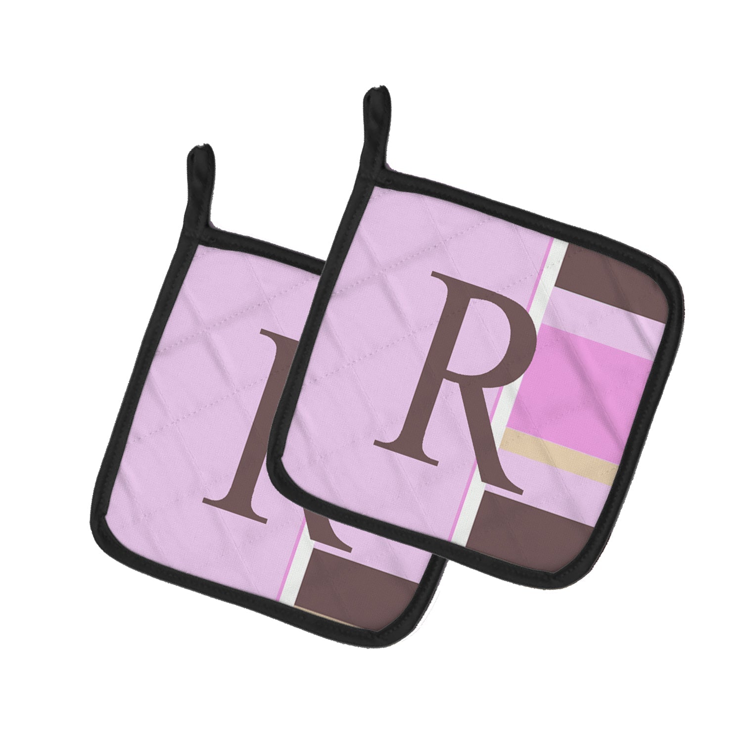 Letter R Initial Monogram - Pink Stripes Pot Holder Set of 2 Heat Resistant Quilted Hot Pads 7.5 x 7.5 Inch, Insulated Kitchen Trivets for Cooking & Baking