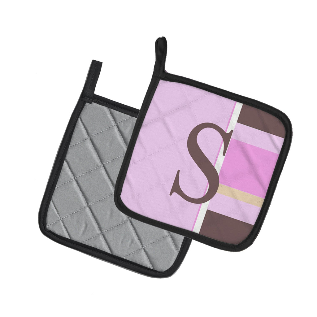 Letter S Initial Monogram - Pink Stripes Pot Holder Set of 2 Heat Resistant Quilted Hot Pads 7.5 x 7.5 Inch, Insulated Kitchen Trivets for Cooking & Baking