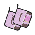 Letter U Initial Monogram - Pink Stripes Pot Holder Set of 2 Heat Resistant Quilted Hot Pads 7.5 x 7.5 Inch, Insulated Kitchen Trivets for Cooking & Baking