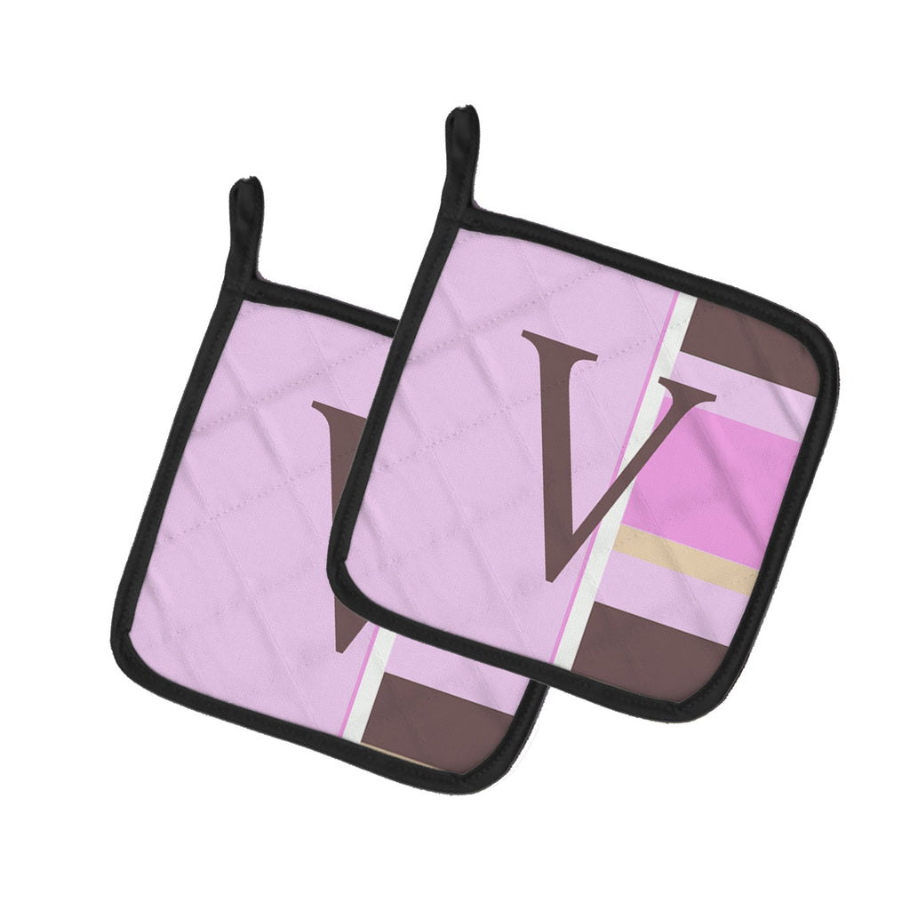 Letter V Initial Monogram - Pink Stripes Pot Holder Set of 2 Heat Resistant Quilted Hot Pads 7.5 x 7.5 Inch, Insulated Kitchen Trivets for Cooking & Baking