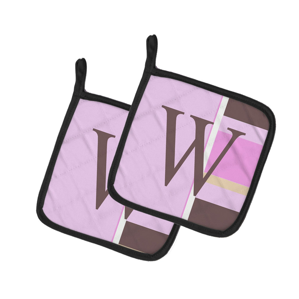 Letter W Initial Monogram - Pink Stripes Pot Holder Set of 2 Heat Resistant Quilted Hot Pads 7.5 x 7.5 Inch, Insulated Kitchen Trivets for Cooking & Baking