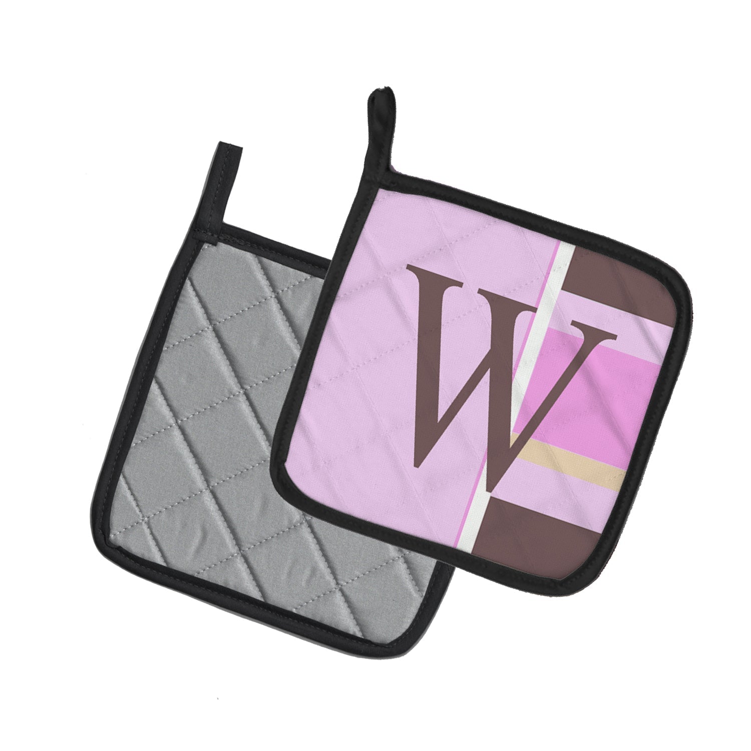 Letter W Initial Monogram - Pink Stripes Pot Holder Set of 2 Heat Resistant Quilted Hot Pads 7.5 x 7.5 Inch, Insulated Kitchen Trivets for Cooking & Baking