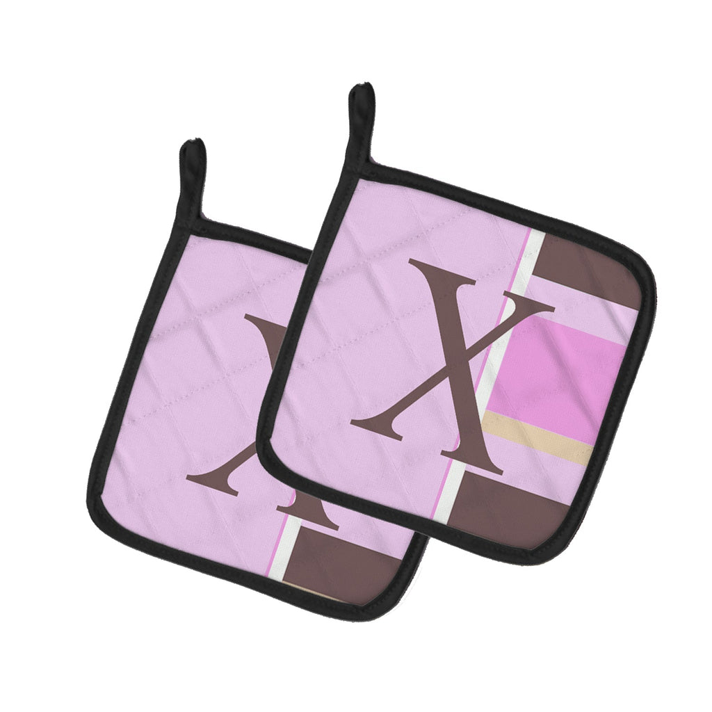 Letter X Initial Monogram - Pink Stripes Pot Holder Set of 2 Heat Resistant Quilted Hot Pads 7.5 x 7.5 Inch, Insulated Kitchen Trivets for Cooking & Baking