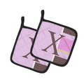 Letter X Initial Monogram - Pink Stripes Pot Holder Set of 2 Heat Resistant Quilted Hot Pads 7.5 x 7.5 Inch, Insulated Kitchen Trivets for Cooking & Baking