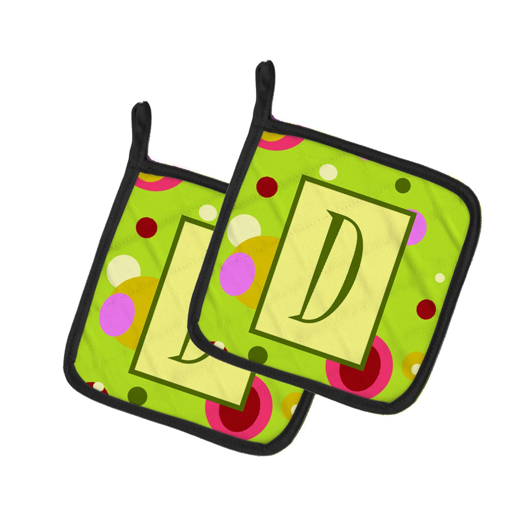 Letter D Monogram - Lime Green Pot Holder Set of 2 Heat Resistant Quilted Hot Pads 7.5 x 7.5 Inch, Insulated Kitchen Trivets for Cooking & Baking