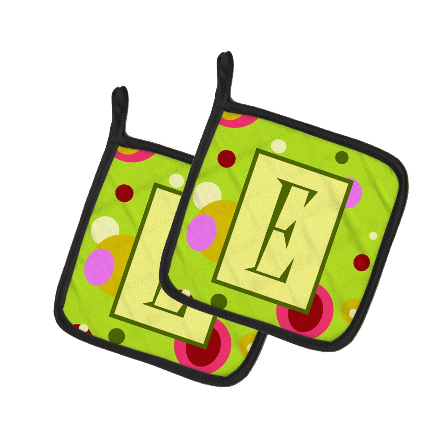Letter E Monogram - Lime Green Pot Holder Set of 2 Heat Resistant Quilted Hot Pads 7.5 x 7.5 Inch, Insulated Kitchen Trivets for Cooking & Baking