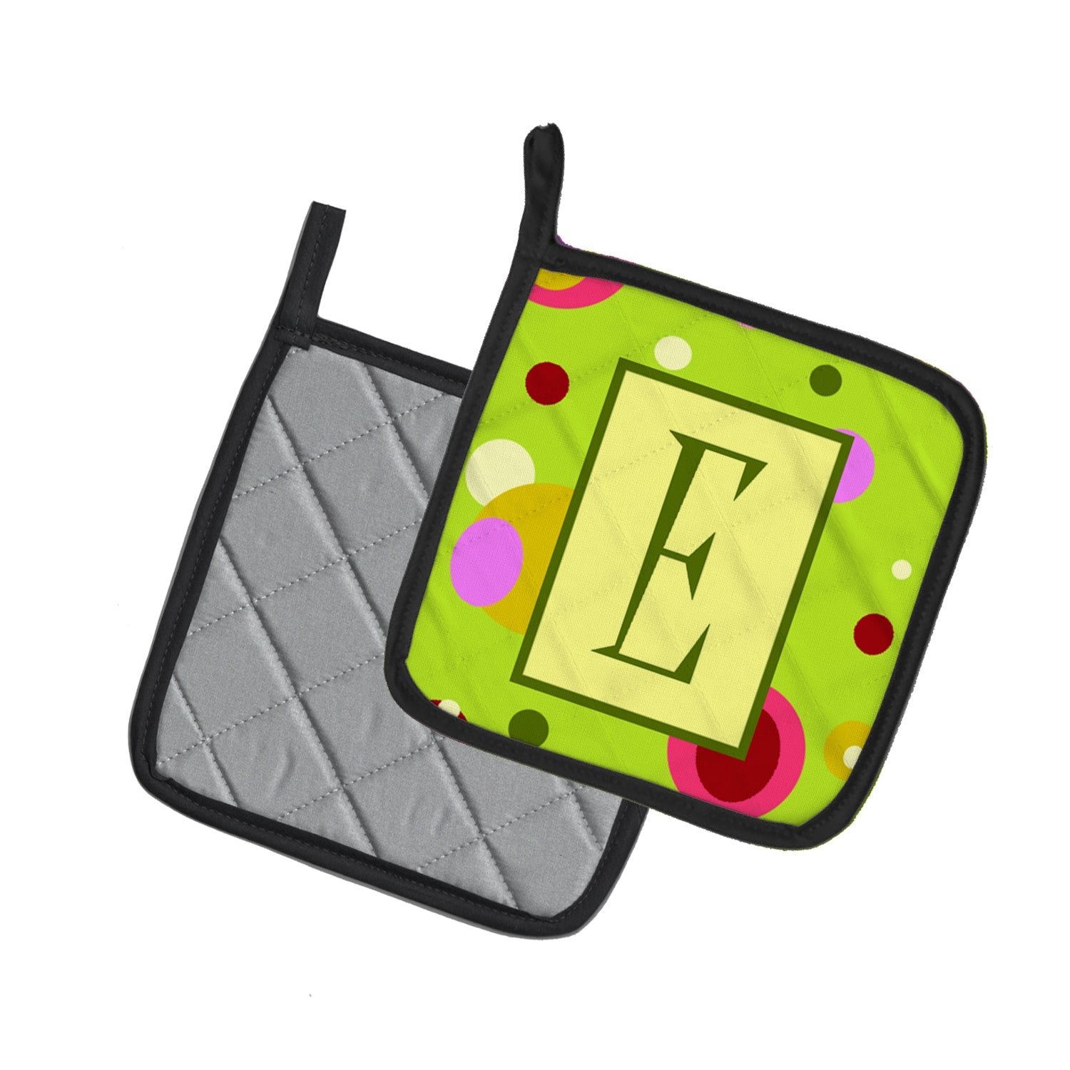 Letter E Monogram - Lime Green Pot Holder Set of 2 Heat Resistant Quilted Hot Pads 7.5 x 7.5 Inch, Insulated Kitchen Trivets for Cooking & Baking