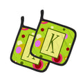 Letter K Monogram - Lime Green Pot Holder Set of 2 Heat Resistant Quilted Hot Pads 7.5 x 7.5 Inch, Insulated Kitchen Trivets for Cooking & Baking
