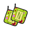 Letter N Monogram - Lime Green Pot Holder Set of 2 Heat Resistant Quilted Hot Pads 7.5 x 7.5 Inch, Insulated Kitchen Trivets for Cooking & Baking