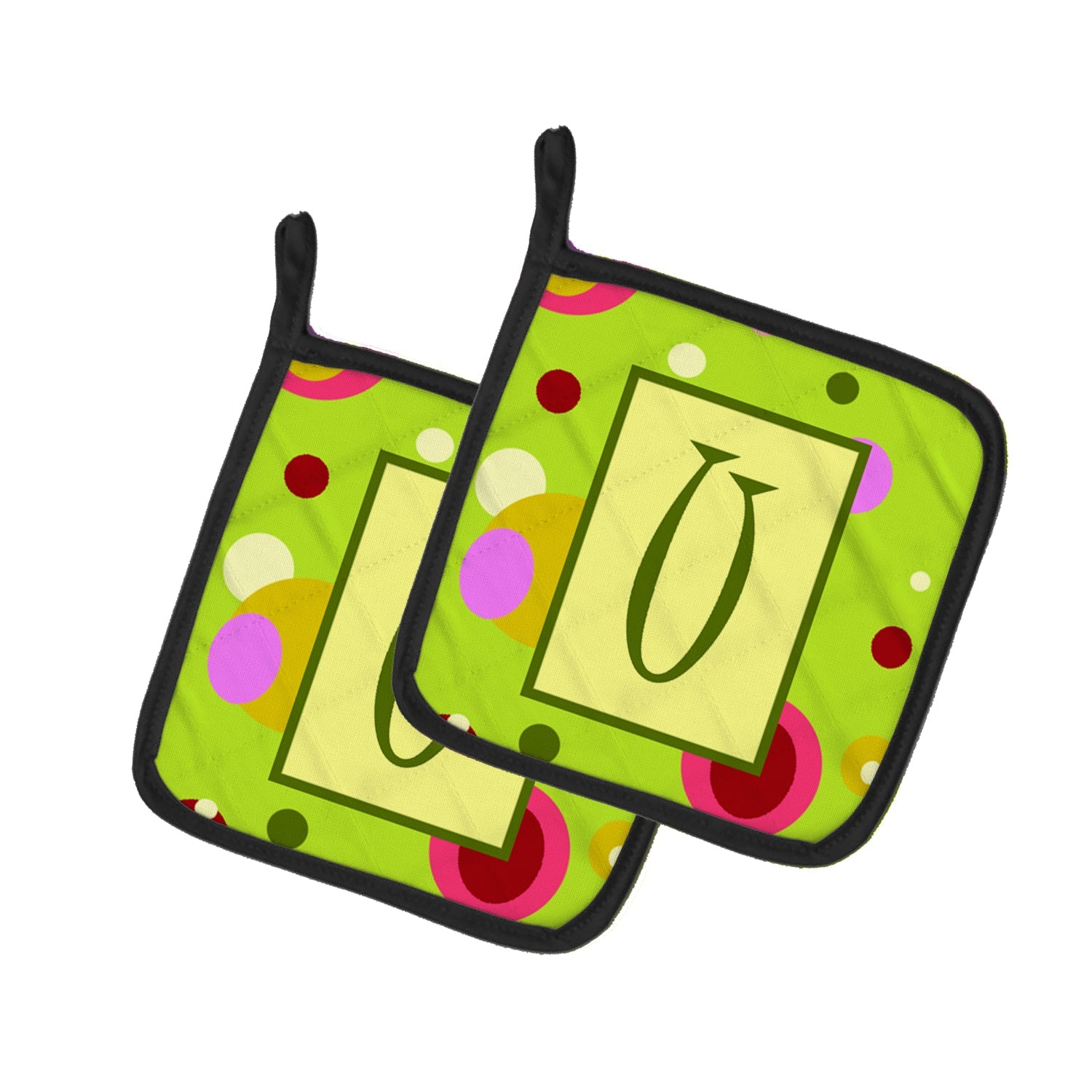 Letter U Monogram - Lime Green Pot Holder Set of 2 Heat Resistant Quilted Hot Pads 7.5 x 7.5 Inch, Insulated Kitchen Trivets for Cooking & Baking