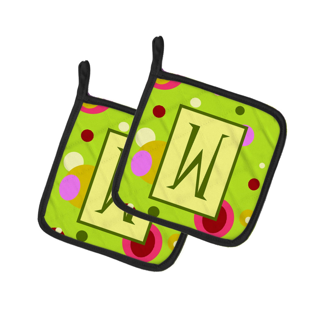 Letter W Monogram - Lime Green Pot Holder Set of 2 Heat Resistant Quilted Hot Pads 7.5 x 7.5 Inch, Insulated Kitchen Trivets for Cooking & Baking