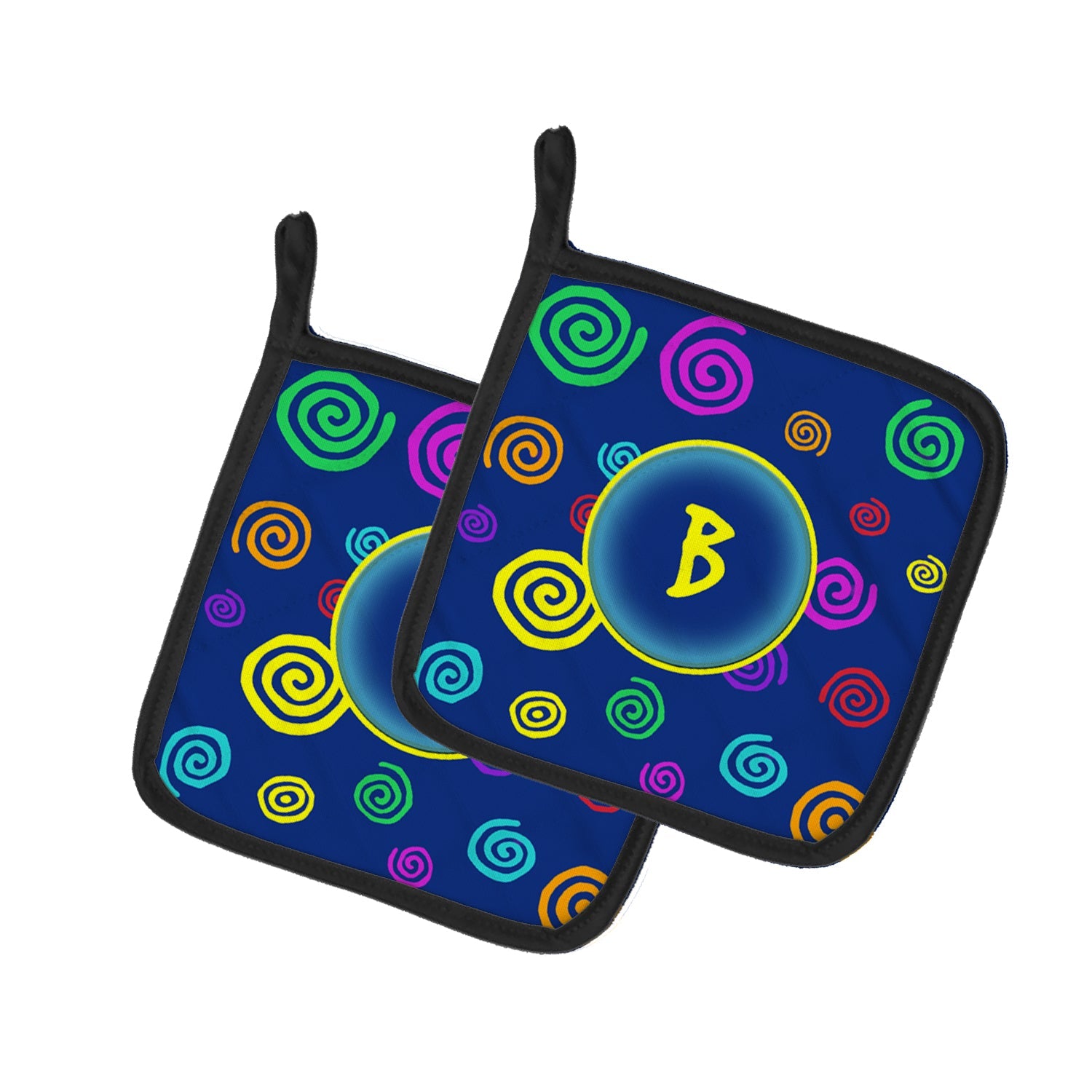 Letter B Initial Monogram - Blue Swirls Pot Holder Set of 2 Heat Resistant Quilted Hot Pads 7.5 x 7.5 Inch, Insulated Kitchen Trivets for Cooking & Baking