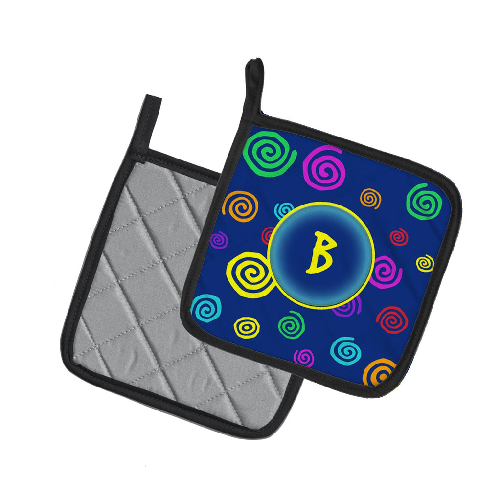 Letter B Initial Monogram - Blue Swirls Pot Holder Set of 2 Heat Resistant Quilted Hot Pads 7.5 x 7.5 Inch, Insulated Kitchen Trivets for Cooking & Baking