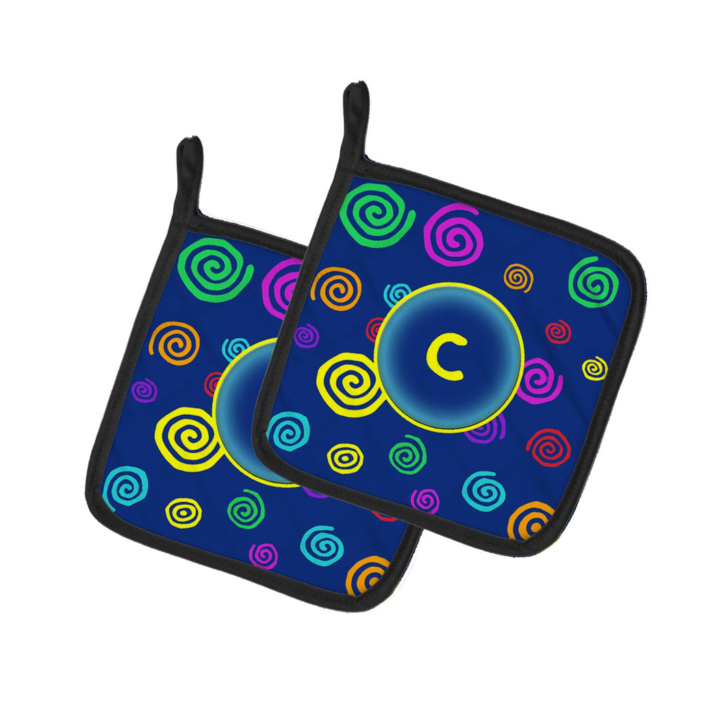 Letter C Initial Monogram - Blue Swirls Pot Holder Set of 2 Heat Resistant Quilted Hot Pads 7.5 x 7.5 Inch, Insulated Kitchen Trivets for Cooking & Baking