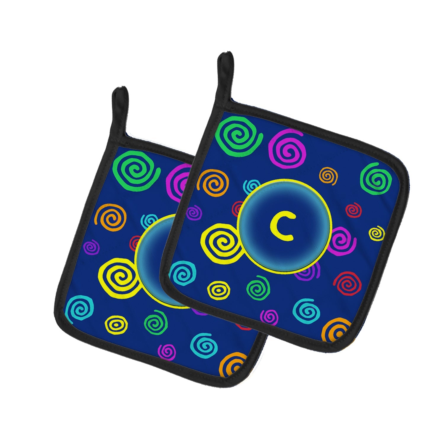 Letter C Initial Monogram - Blue Swirls Pot Holder Set of 2 Heat Resistant Quilted Hot Pads 7.5 x 7.5 Inch, Insulated Kitchen Trivets for Cooking & Baking