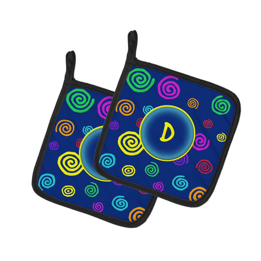 Letter D Initial Monogram - Blue Swirls Pot Holder Set of 2 Heat Resistant Quilted Hot Pads 7.5 x 7.5 Inch, Insulated Kitchen Trivets for Cooking & Baking