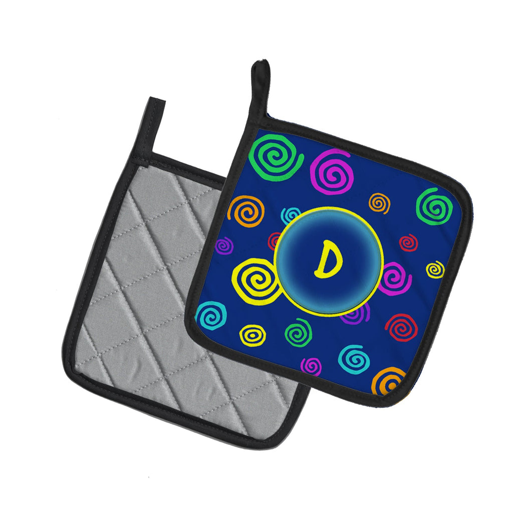 Letter D Initial Monogram - Blue Swirls Pot Holder Set of 2 Heat Resistant Quilted Hot Pads 7.5 x 7.5 Inch, Insulated Kitchen Trivets for Cooking & Baking