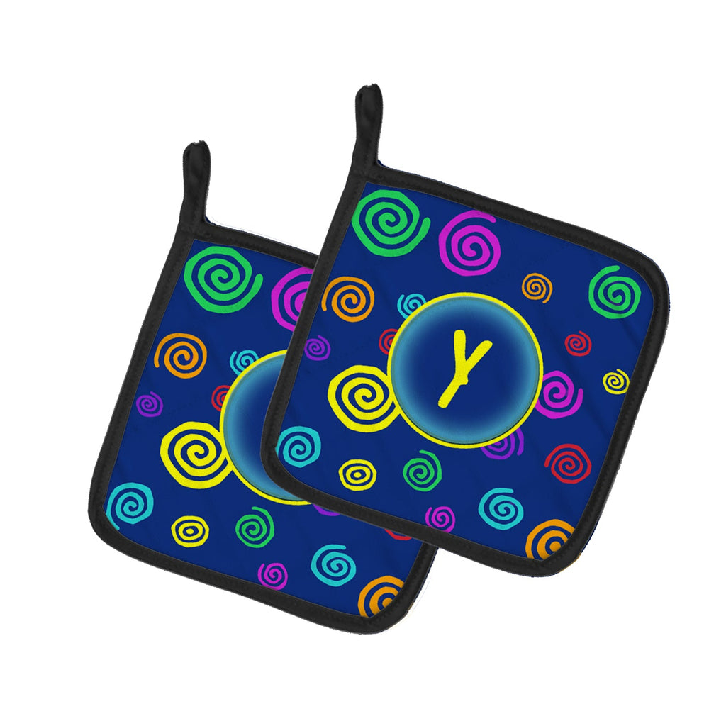 Letter Y Initial Monogram - Blue Swirls Pot Holder Set of 2 Heat Resistant Quilted Hot Pads 7.5 x 7.5 Inch, Insulated Kitchen Trivets for Cooking & Baking