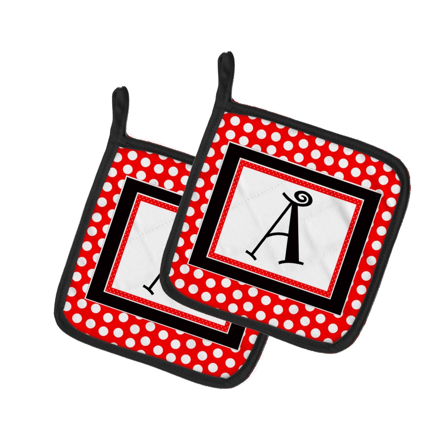 Letter A Monogram - Red and Black Polka Dots Pot Holder Set of 2 Heat Resistant Quilted Hot Pads 7.5 x 7.5 Inch, Insulated Kitchen Trivets for Cooking & Baking
